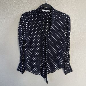 Gerard Darel Blouse 34 US Small Navy White Polka Fit Bow neck tie Button Up